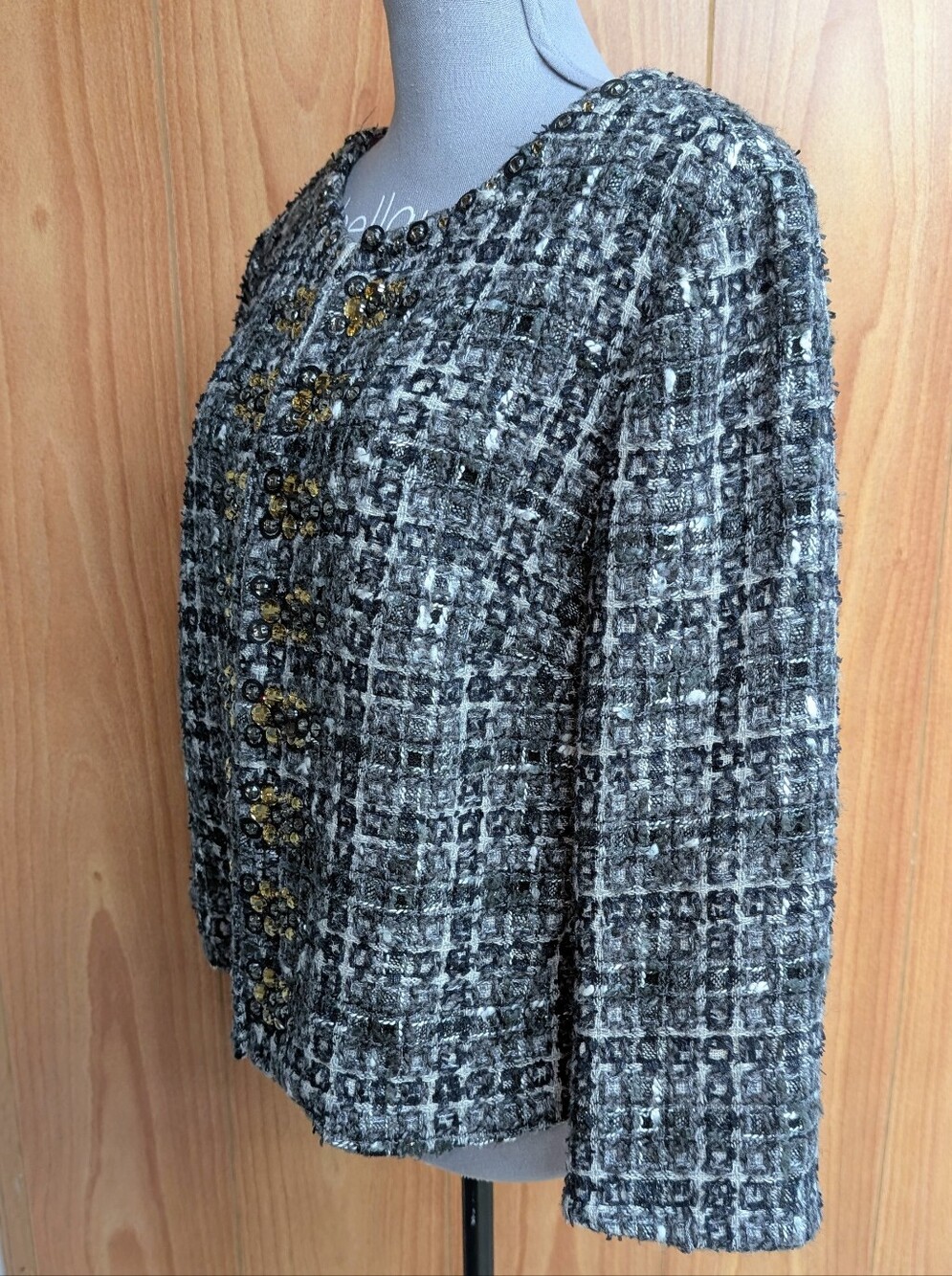 Boden Limited Edition Gray Wool Tweed Embellished Crystal Lady Jacket Size 14 - Picture 2 of 11